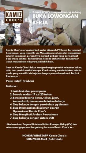 info Loker Staf Produksi-KAMIZ CHOC'S-Pangkalpinang
