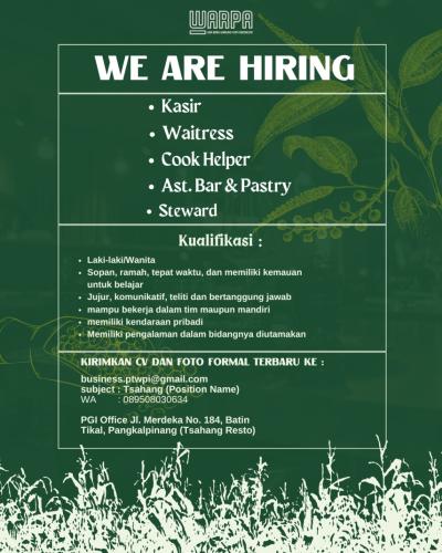 info Loker  Kasir,Waitress,Cook Helper,ast Bar -Pastry,Steward & Staf HR-PAPA GROUP INDONESIA 