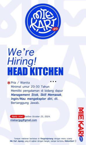 info Loker HEAD KITCHEN-mie kari jepang-Pangkalpinang