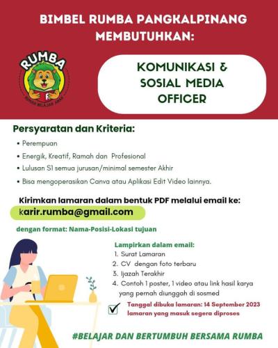 info Loker personeel Komunikasi & sosial Media Officer-Bimbel Rumba Pangkalpinang