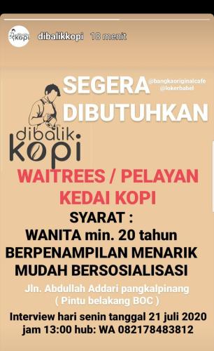 info Loker sebagai Waitress @Pangkalpinang