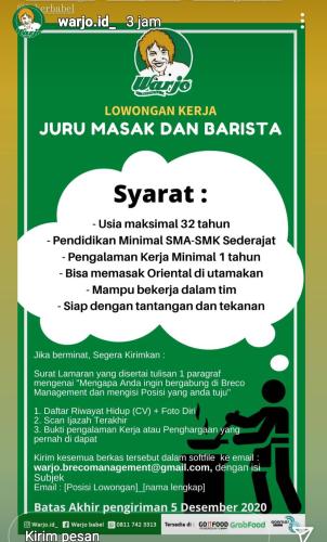 info Loker Juru Masak & Barista-Restoran Warjo @Pangkalpinang