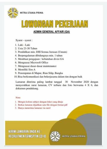 info Loker Admin General Affair/GA-Perusahaan Tambang @Riau Silip