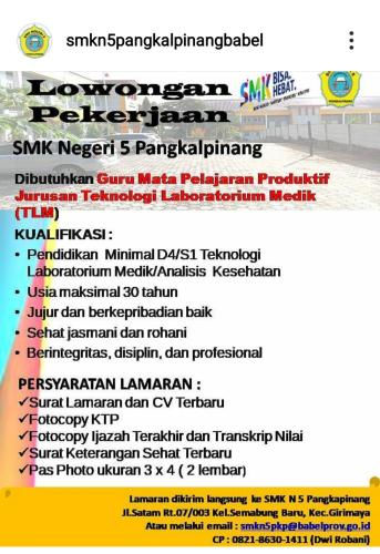 info Loker Guru Pelajaran Produktif-jurusan Teknologi Laboratorium Medik @SMKN 5-Pangkalpinang