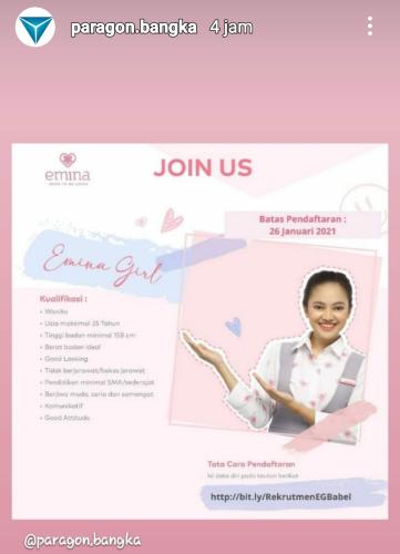 info Loker Emina Girl-Paragon @Bangka