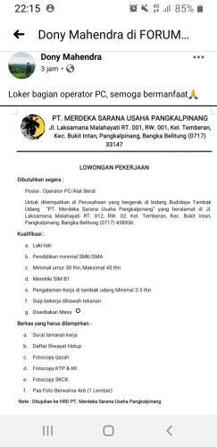 info Loker OPERATOR PC/ALAT BERAT @PT.Merdeka Sarana Usaha-Pangkalpinang
