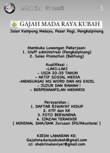 info Loker STAFF ADMINISTRASI dan SALES PROMOTION @Pangkalpinang & Belitung