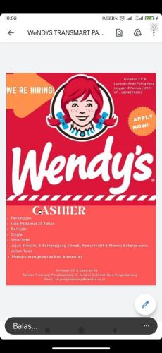 info Loker CASHIER @Wendy's -Transmart Pangkalpinang