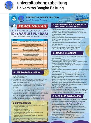 info Loker Calon Dosen Tetap non ASN Univ.Bangka Belitung(agama Islam,Bahasa Indonesia,bahasa inggris,Pancasila,kewarganegaraan,Perencanaan Wil & Kota,bisnis digital,perikanan tangkap,matematika