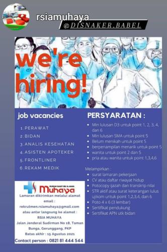 info Loker perawat,bidan,analis kesehatan,Ass.Apoteker,frontliner & Rekam Medik @RSIA Muhaya-Pangkalpinang