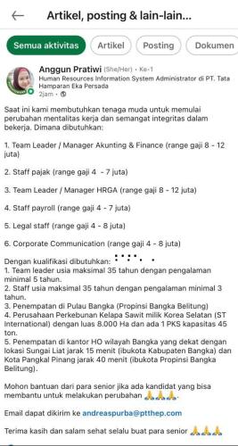 info Loker Tim Leader/Manager Akunting&Finance,Staff Pajak MAnager HRGA,Staf Payroll,Legal Staf &Corporate Communication-PT.THEP-Bangka