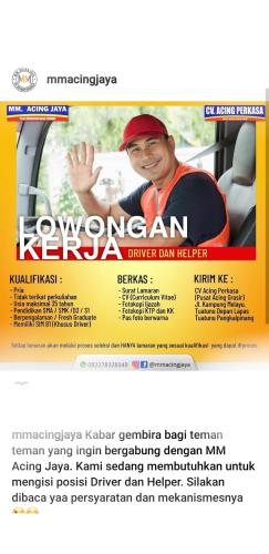 info Loker Driver dan Helper @mmacingjaya-Pangkalpinang