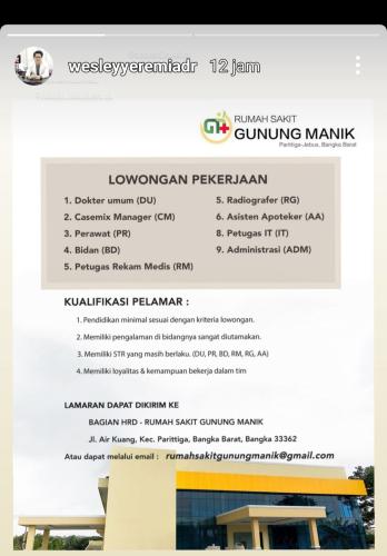 info Loker petugas iT,Administrasi,Ass.apoteker,Radiografer,petugas rekam medik,bidan,perawat,casemix manager,dokter umum @Rumah Sakit Gunung Manik-Parittiga/Jebus