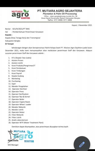 info Loker 26 posisi @PT Mutiara Agro Sejahtera-Bangka