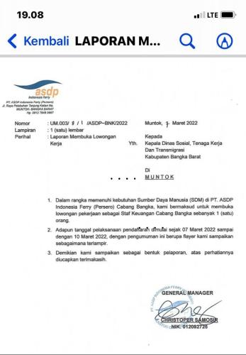 info Loker staf keuangan- ASDP Muntok-Bangka Barat