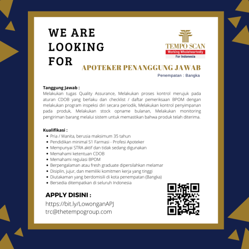 info Loker APOTEKER PENANGGUNGJAWAB-Tempo Scan-Bangka
