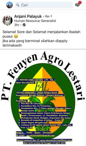 info Loker ESTATE MANAGER-PT Fenyen Agro Lestari-Bangka Selatan