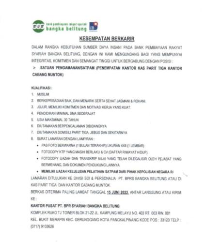 info Loker Satuan Pengamanan BPR Syariah Muntok