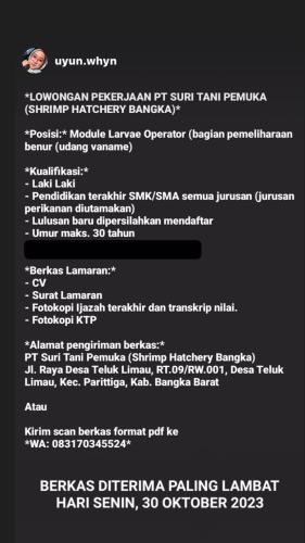 info Loker MODULE LARVA OPERATOR-PT SURI TANI PEMUKA