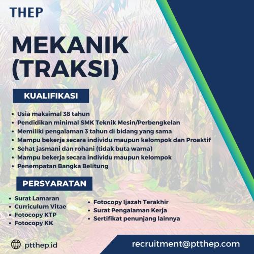 info Loker Operator Compactor & Mekanik/Traksi-PT THEP Bangka