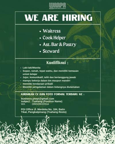 info Loker Waitress,Cook Helper,Ast.Bar & Pastry,Steward-Tsahang Resto-Pangkalpinang