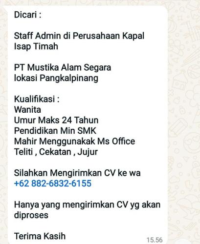 info Loker Staf Admin-PT  Mustika Alam Segara-Pangkalpinang
