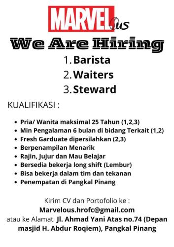 info Loker Barista,Waiters & Steward-MARVELous Pangkalpinang