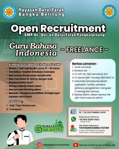 info Loker Guru Bahasa Indonesia(Freelance)-Yayasan Darul Fatah Bangka Belitung