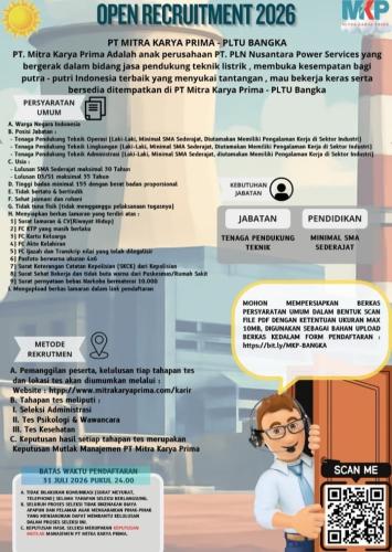 info Loker PT MITRA KARYA PRIMA-PLTU Bangka