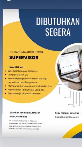 info Loker Posisi SUPERVISOR OPERASIONAL-PT Karunia Adi Sentosa-Pangkalpinang