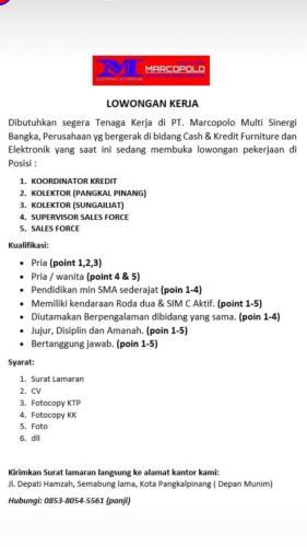 info Loker Koordinator Kredit,Kolektor,Supervisor Sales Force & Sales Force-PT Marcopolo Multi Sinergi
