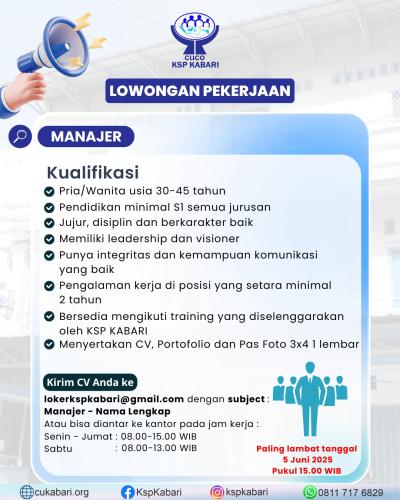 info Loker Manajer-KSP KABARI-Pangkalpinang