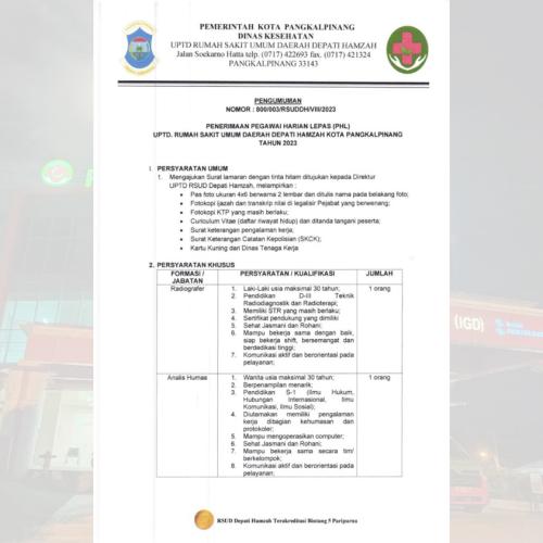 info Loker Pegawai PHL Radiografer & Analis Humas-RSUD Depati Hamzah Pangkalpinang