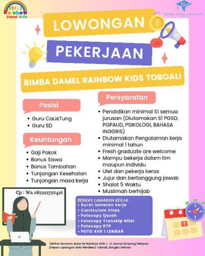 info Loker Guru Calistung& Guru SD-Bimbel Damel Rainbow Kids Toboali