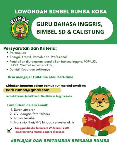 info Loker Guru Bahasa Inggris,BImbel SD & Calsitung-Bimbel Rumba Koba