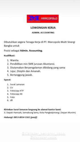 info Loker Admin,Accounting-PT Marcopolo Multi Sinergi-Pangkalpinang