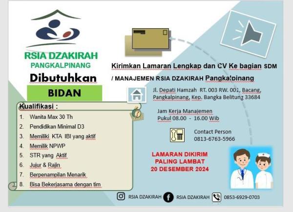 info Loker Bidan & Dokter Umum-RSIA Dzakirah-Pangkalpinang