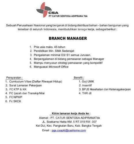 info loker Branch Manager-PT Catur Sentosa Adiprana Tbk