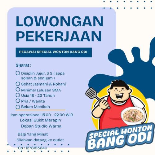 info Loker pegawai Spesial wonton Bang Odi-Pangkalpinang