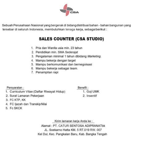 info Loker Sales Counter-PT Catur Sentosa Adiprana-Bangka Tengah