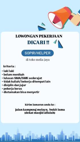 info Loker Sopir/Helper-Toko Melia Jaya-Pangkalpinang