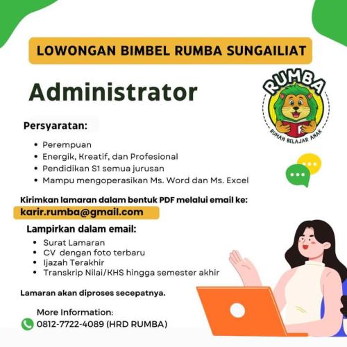 info loker Administrator-Bimbel Rumba Sungailiat