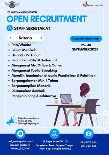 info Loker Staf Sekretariat-PT Wisesa Aviasi Indonesia-Penempatan Pangkalpinang