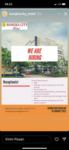info Loker Receptionist @bangka city Hotel-Pangkalpinang