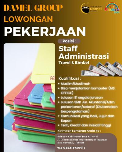 info Kerja posisi STAFF ADMINSITRASI-Bimbel Damel Toboali