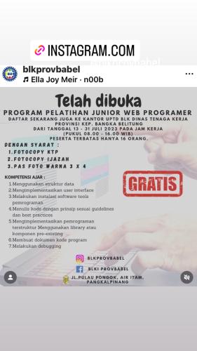 Info Pelatihan Gratis posisi Junior Web Programer-Balai Latihan Kerja/BLK Bangka