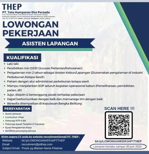info Loker Asisten Lapangan-PT THEP-Bangka