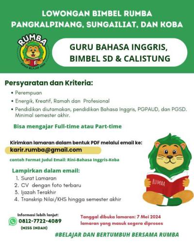 info Loker GURU: Bahasa Inggris,Bimbel SD & Calsitung-RUMBA Babel