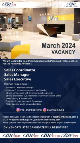 info Loker Sales Coordinator,Sales Manager & Sales Executive-Hotel BW inn Belitung