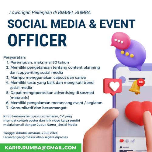 info Loker Media & Event Officer-Bimbel Rumba
